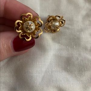 Tory Burch Pearl and gold flower earrings